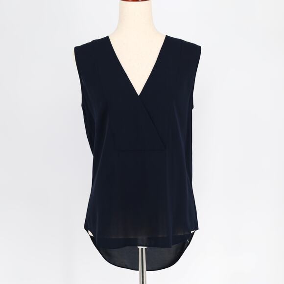 Theory Women Deep Navy Silk Semi Sheer Crossover Shell Blouse Tank Top Size S - Picture 3 of 7